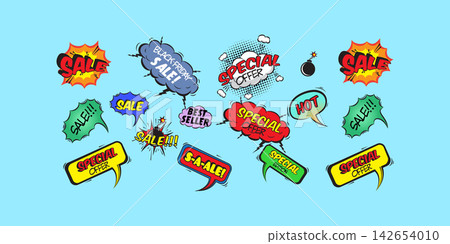 Set of comic speech bubbles book sound effects. Pop art messages different shapes, emotions. Comics font label tag expression Set of comic speech bubbles book sound effects. Pop art messages different shapes, emotions. Comics font label tag expression 142654010