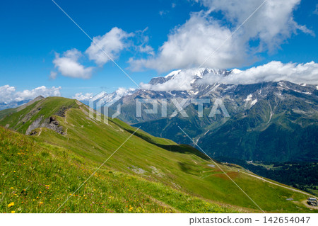 Mont Blanc massif view from alpine pastures of Les Contamines-Montjoie, France Mont Blanc massif view from alpine pastures of Les Contamines-Montjoie, France 142654047