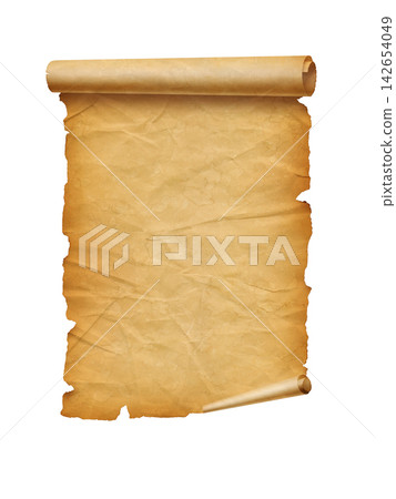 Old crumpled mediaeval Parchment paper scroll isolated on white Old crumpled mediaeval Parchment paper scroll isolated on white 142654049