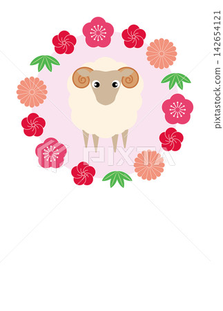 羊年新年賀卡模板：綿羊和鮮花的向量圖 142654121