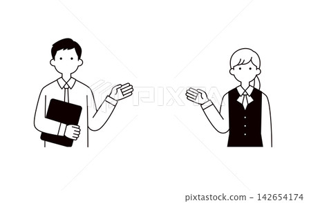 A set of vector illustrations of the upper bodies of young male and female business professionals guiding, introducing, and explaining. (Line art) A set of vector illustrations of the upper bodies of young male and female business professionals guiding, introducing, and explaining. (Line art) 142654174