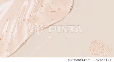 Pink clear gel cream texture with air bubbles and liquid drops on light beige 3d background. Collagen moisture foundation, cosmetic skincare smooth surface. Jelly lotion swatch flow. 3D illustration Pink clear gel cream texture with air bubbles and liquid drops on light beige 3d background. Collagen moisture foundation, cosmetic skincare smooth surface. Jelly lotion swatch flow. 3D illustration 142654175