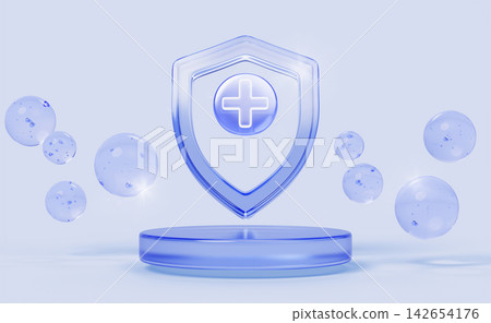 Medical 3D podium with blue glass shield, cross sign and water gel bubbles. Antibacterial soap, ointment, liquid medicine, antiseptic cream drops for infection protection, treat skin. 3D illustration Medical 3D podium with blue glass shield, cross sign and water gel bubbles. Antibacterial soap, ointment, liquid medicine, antiseptic cream drops for infection protection, treat skin. 3D illustration 142654176