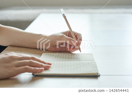 女人的手在筆記本上寫字 女人的手在筆記本上寫字 142654441