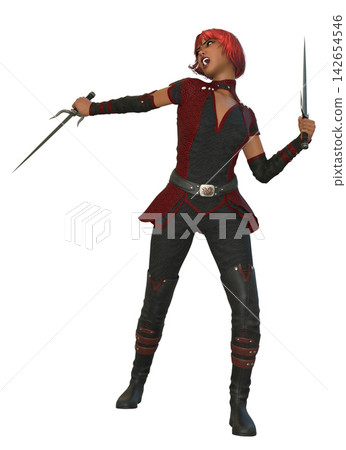 3D Rendered Female Warrior With Twin Blades 3D Rendered Female Warrior With Twin Blades 142654546
