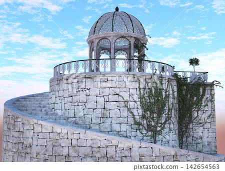 Ornate stone gazebo on spiral staircase under blue sky Ornate stone gazebo on spiral staircase under blue sky 142654563