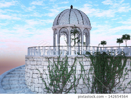 Ornate stone gazebo on spiral staircase under blue sky Ornate stone gazebo on spiral staircase under blue sky 142654564