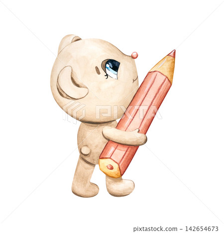 A cute watercolor beige teddy bear with a large pencil writing. This soft toy bear is hand-drawn. A cartoon character for a kindergarten, birthday party, school, children's book, educational center A cute watercolor beige teddy bear with a large pencil writing. This soft toy bear is hand-drawn. A cartoon character for a kindergarten, birthday party, school, children's book, educational center 142654673