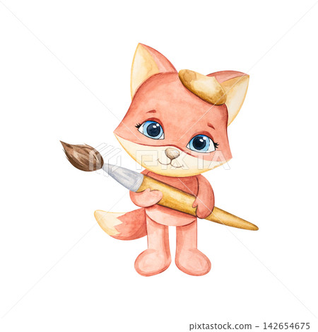 A cute watercolor red fox painted by an artist with a large brush. This soft toy fox with big eyes is hand-drawn. Cartoon character for design. Illustration for school, kindergarten, and books. 142654675