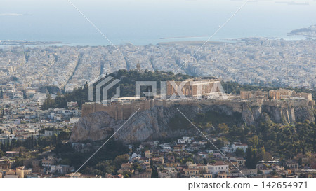 Athens, Attica, Greece, beautiful panoramic view of Athens cityscape, with The Parthenon, mountains, sea and scenery beyond the city, seen from Mount Lycabettus Hill observation deck in a sunny day Athens, Attica, Greece, beautiful panoramic view of Athens cityscape, with The Parthenon, mountains, sea and scenery beyond the city, seen from Mount Lycabettus Hill observation deck in a sunny day 142654971