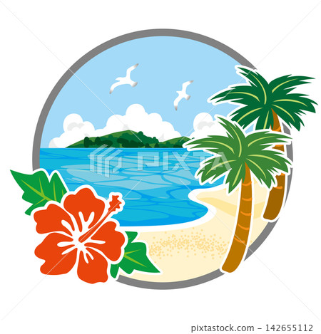 A tropical resort illustration featuring the sea, hibiscus flowers, and palm trees. A tropical resort illustration featuring the sea, hibiscus flowers, and palm trees. 142655112