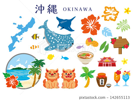 Colorful illustration set for sightseeing in Okinawa. Colorful illustration set for sightseeing in Okinawa. 142655113