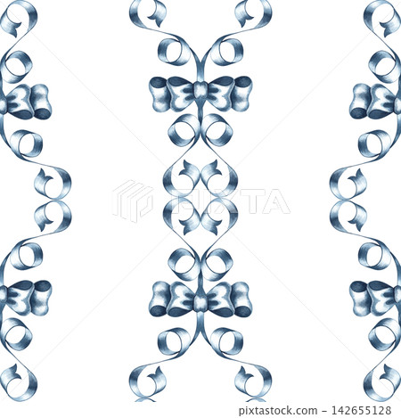 A seamless pattern of blue bows and ribbons. Hand drawn watercolor illustration. Ideal for textiles, tablecloths and curtains, as well as for prints on clothing, wrapping paper, wallpaper and more. A seamless pattern of blue bows and ribbons. Hand drawn watercolor illustration. Ideal for textiles, tablecloths and curtains, as well as for prints on clothing, wrapping paper, wallpaper and more. 142655128