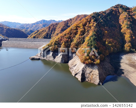 <Aerial view of Naramata Lake> Lake surface over the dam and autumn leaves <Aerial view of Naramata Lake> Lake surface over the dam and autumn leaves 142655142