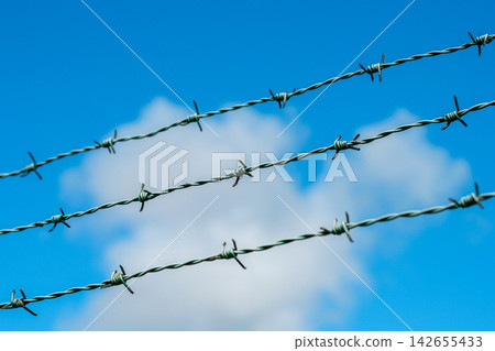 Sharp Barbed Wire Fence Against Bright Blue Sky and White Clouds Symbolizing Restricted Access Sharp Barbed Wire Fence Against Bright Blue Sky and White Clouds Symbolizing Restricted Access 142655433