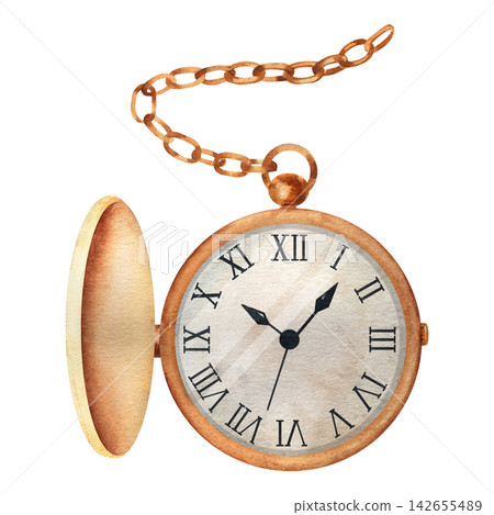 Vintage open pocket watch with chain isolated on white, painted in warm watercolor tones, representing time, history, punctuality, nostalgia, heritage, schedules and literary atmosphere Vintage open pocket watch with chain isolated on white, painted in warm watercolor tones, representing time, history, punctuality, nostalgia, heritage, schedules and literary atmosphere 142655489