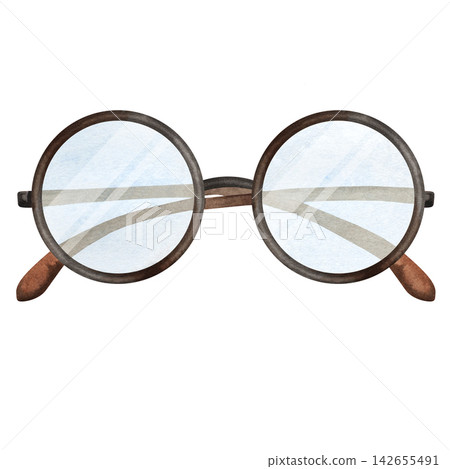 Vintage round eyeglasses isolated on white, rendered in delicate watercolor with brown frames and pale lenses, suitable for reading, writing, literature, study, intellect and editorial themes Vintage round eyeglasses isolated on white, rendered in delicate watercolor with brown frames and pale lenses, suitable for reading, writing, literature, study, intellect and editorial themes 142655491