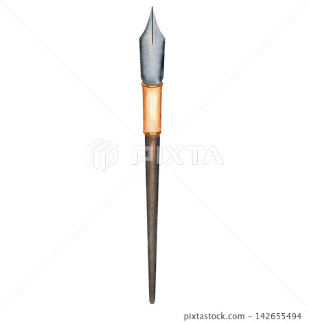 Vintage dip pen, quill with a pointed metal nib and wooden handle isolated on white, painted in watercolor, representing handwriting, calligraphy, lettering, correspondence and literary creativity Vintage dip pen, quill with a pointed metal nib and wooden handle isolated on white, painted in watercolor, representing handwriting, calligraphy, lettering, correspondence and literary creativity 142655494