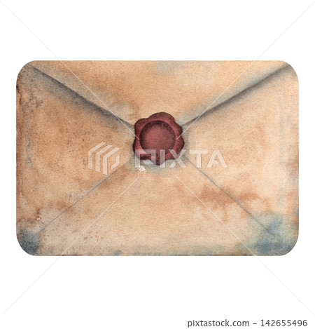 Antique sealed envelope with a red wax seal isolated on white, rendered in soft watercolor, evoking correspondence, letters, romance, history, tradition and classic stationery design 142655496