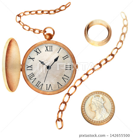 Vintage watercolor collection of pocket watch, chain, ring, and antique coin, arranged as isolated historical objects for editorial design, invitations, storytelling, heritage themes, and prints Vintage watercolor collection of pocket watch, chain, ring, and antique coin, arranged as isolated historical objects for editorial design, invitations, storytelling, heritage themes, and prints 142655500