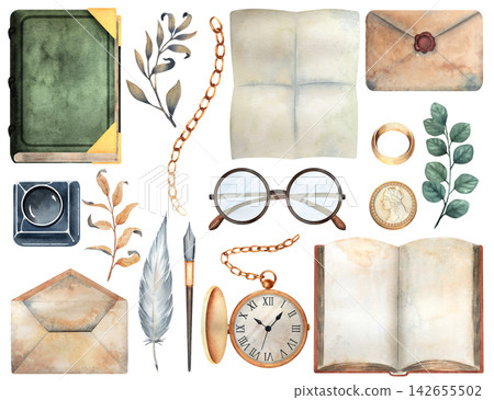 Vintage watercolor collection of writing and literary objects with botanical branches, paper, envelope, glasses, book, quill, pen, and pocket watch, arranged as isolated elements on white Vintage watercolor collection of writing and literary objects with botanical branches, paper, envelope, glasses, book, quill, pen, and pocket watch, arranged as isolated elements on white 142655502
