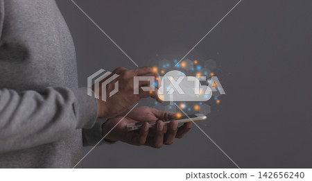 Young man with smartphone mobile hand touching to cloud computing diagram, Data storage, Cloud technology, Cloud Computing Storage Young man with smartphone mobile hand touching to cloud computing diagram, Data storage, Cloud technology, Cloud Computing Storage 142656240