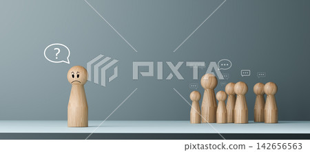 Confused Wooden Figure with Question Mark and Communication Problem Concept Confused Wooden Figure with Question Mark and Communication Problem Concept 142656563