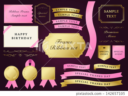 Gold frame, label, and ribbon illustration design material set (pink) Gold frame, label, and ribbon illustration design material set (pink) 142657105