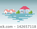 flood natural disaster in city with houses. 142657118