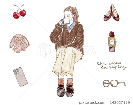 A set of autumn/winter women sitting and drinking coffee. A set of autumn/winter women sitting and drinking coffee. 142657139