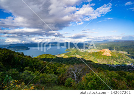從空中露台眺望昭和新山和洞爺湖。 從空中露台眺望昭和新山和洞爺湖。 142657261
