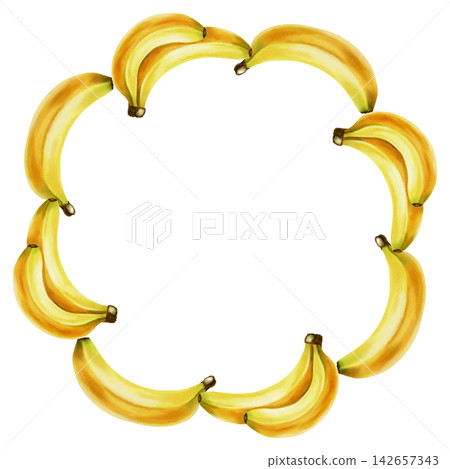 Watercolor illustrations banana wreath isolated on white background. Hand-drawn tropical fruit frame. Botanical art for food packaging, fabrics, wallpaper, kitchen decor and cafe menus. Watercolor illustrations banana wreath isolated on white background. Hand-drawn tropical fruit frame. Botanical art for food packaging, fabrics, wallpaper, kitchen decor and cafe menus. 142657343