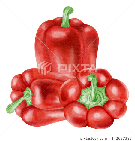 Watercolor illustration, composition with red bell pepper. Hand-drawn whole and cut ripe sweet peppers with fresh green leaves. Suitable for kitchen textiles, packaging, harvest, and agriculture. Watercolor illustration, composition with red bell pepper. Hand-drawn whole and cut ripe sweet peppers with fresh green leaves. Suitable for kitchen textiles, packaging, harvest, and agriculture. 142657385