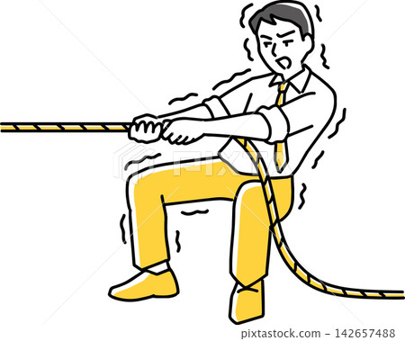 A male employee pulling the rope while trembling. A male employee pulling the rope while trembling. 142657488