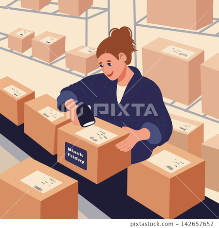 Female warehouse worker in navy jumpsuit scanning shipping boxes with a smartphone. Flat vector illustration for Black Friday logistics, delivery and e-commerce warehouse design. Female warehouse worker in navy jumpsuit scanning shipping boxes with a smartphone. Flat vector illustration for Black Friday logistics, delivery and e-commerce warehouse design. 142657652