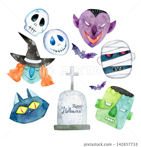 Halloween: Various Monsters and Creatures Set - Watercolor Illustrations Halloween: Various Monsters and Creatures Set - Watercolor Illustrations 142657718