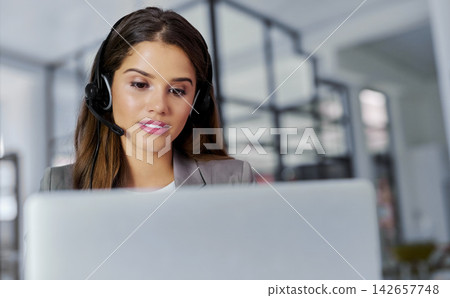 Woman, call center and service with consulting in office for customer support, crm help or ecommerce. Headset, tech and consultant with thinking at business for telemarketing, outbound sale or advice Woman, call center and service with consulting in office for customer support, crm help or ecommerce. Headset, tech and consultant with thinking at business for telemarketing, outbound sale or advice 142657748