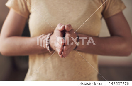 Woman, yoga and palm of hands in home for health, wellness and body for practice routine. Girl, zen yogi or female person in pilates session for mindfulness meditation, wellbeing or balance in house Woman, yoga and palm of hands in home for health, wellness and body for practice routine. Girl, zen yogi or female person in pilates session for mindfulness meditation, wellbeing or balance in house 142657776