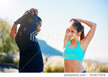 Woman, coach and stretching for outdoor exercise on mountain path or mobility, warm up or fitness. Personal trainer, client and training workout for performance support or friends, running or morning Woman, coach and stretching for outdoor exercise on mountain path or mobility, warm up or fitness. Personal trainer, client and training workout for performance support or friends, running or morning 142657829