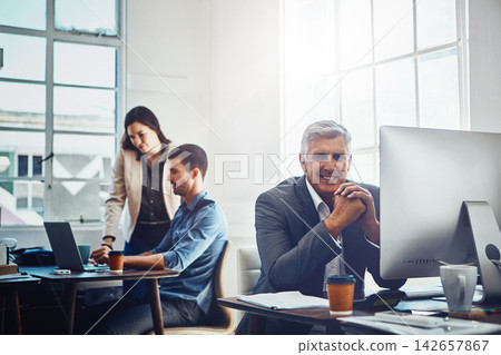 Mature man, portrait and co working office with team for research and development for company with innovation. Business people, conversation and collaboration for problem solving and risk management. 142657867