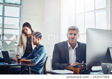 Mature man, portrait and co working office with team for research and development for company with innovation. Business people, conversation and collaboration for problem solving and risk management. Mature man, portrait and co working office with team for research and development for company with innovation. Business people, conversation and collaboration for problem solving and risk management. 142657868