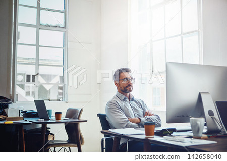Business, man and computer with arms crossed in office or ready for contact us, crm and faq or reading at desk. Professional, employee and consultant with pc at workspace for legal advice and mockup Business, man and computer with arms crossed in office or ready for contact us, crm and faq or reading at desk. Professional, employee and consultant with pc at workspace for legal advice and mockup 142658040