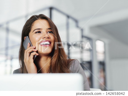 Business, woman and conversation with phone call in office for feedback or reviews, appointments and sales negotiation. Girl, smartphone and talking in workplace for project updates and information. 142658042
