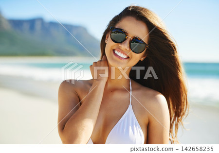 Portrait, beach and woman with sunglasses, travel and holiday with tropical island, summer and weekend break. Face, person and girl with eyewear, seaside and Bali for getaway trip, smile or adventure Portrait, beach and woman with sunglasses, travel and holiday with tropical island, summer and weekend break. Face, person and girl with eyewear, seaside and Bali for getaway trip, smile or adventure 142658235