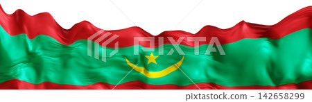 The flag of Mauritania is shown with a vivid green and red design on a white background. The layout features a crescent and star with smooth flowing lines that create depth The flag of Mauritania is shown with a vivid green and red design on a white background. The layout features a crescent and star with smooth flowing lines that create depth 142658299