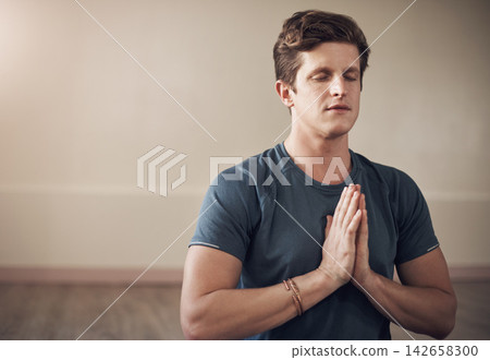 Yoga, man hands and namaste for fitness, meditation and spiritual awareness exercise. Male person, self care and healing aura for mental health or relax in studio, mindfulness and peace or calm Yoga, man hands and namaste for fitness, meditation and spiritual awareness exercise. Male person, self care and healing aura for mental health or relax in studio, mindfulness and peace or calm 142658300