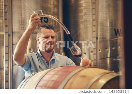Man, smile and wine maker with glass as manager for tasting, process and production. Supplier, winery and happy in confidence with product for alcohol manufacturing, craft and liquor at factory 142658314
