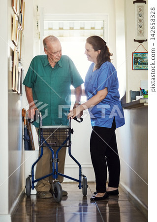 Senior man, walker and help with nurse for physiotherapy, healthcare or trust at old age home. Woman, medical caregiver or volunteer talking to person with a disability in retirement for support 142658328