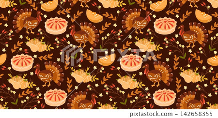 Halloween bg leaf harvest seamless thanksgiving pattern fall cover pumpkin background. This vector illustration for a wallpaper or print with a vintage checkered and damask style. A cozy. 142658355