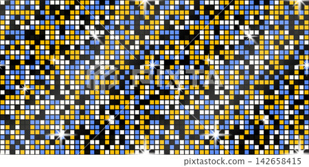 Banner yellow pattern with black glitter bg and blue background creates a sequin disco shine for a bright bar abstract design. Premium dot texture with champagne discotheque panel and ball. Banner yellow pattern with black glitter bg and blue background creates a sequin disco shine for a bright bar abstract design. Premium dot texture with champagne discotheque panel and ball. 142658415